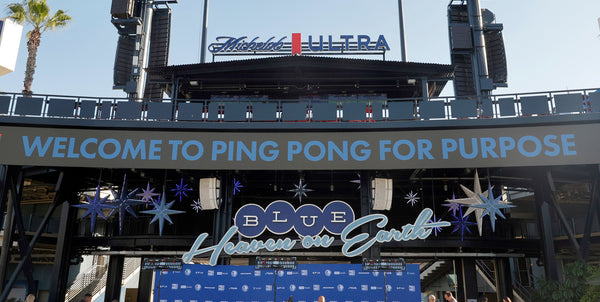 Dodger Stadium with the banner reading "Welcome to Ping Pong For Purpose"