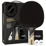 STIGA Carbon+ Bundle Ping Pong Paddle Set – 7-ply Extra Light Carbon Fiber Blade – 2mm Premium Sponge – Concave Pro Handle – 2 3-Star Tournament Balls – Neoprene Racket Cover – Player Wristband