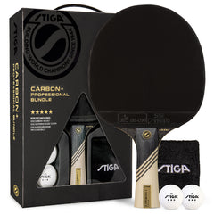 STIGA Carbon+ Bundle Ping Pong Paddle Set – 7-ply Extra Light Carbon Fiber Blade – 2mm Premium Sponge – Concave Pro Handle – 2 3-Star Tournament Balls – Neoprene Racket Cover – Player Wristband