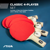 STIGA Classic Table Tennis Set (4-Player Set) - Perfect for Beginners - 5-ply Blade - Short Pips Rubber
