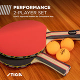 STIGA Performance Table Tennis Set (2 Player Set) - 1.5mm Sponge - 5-ply Blade - 3 Orange 3-Star Regulation Size Balls