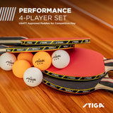 STIGA Performance Table Tennis Set (4 Player Set) - 5-Ply Blades - 1.5mm Sponge - Includes 6 orange/white 3-Star Balls - USATT Approved