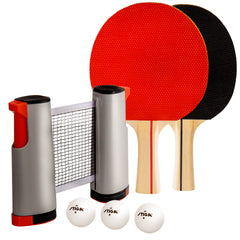STIGA Retractable Anywhere Ping Pong Net Set - Easily Clamp to Any Surface - Regulation Size - Includes 2 Ping Pong Paddles, 3 1-Star Balls, and Mesh Storage Bag.