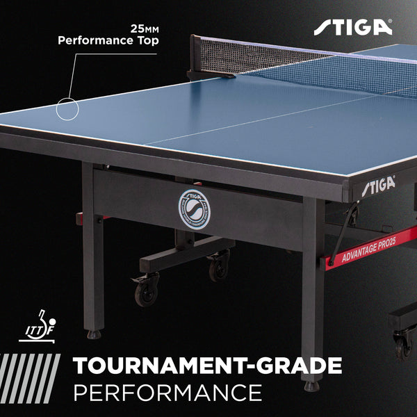 TOURNAMENT-GRADE PERFORMANCE: The Advantage Pro25 is built for the highest level of competition and meets International Table Tennis Federation (ITTF) specifications for tournament play, ensuring an authentic and immersive playing experience at home. 25MM Performance Top featuring a multi-layer roller coat finish and precise silk-screen striping, delivers optimal gameplay experienced at professional tournaments and the Olympics.