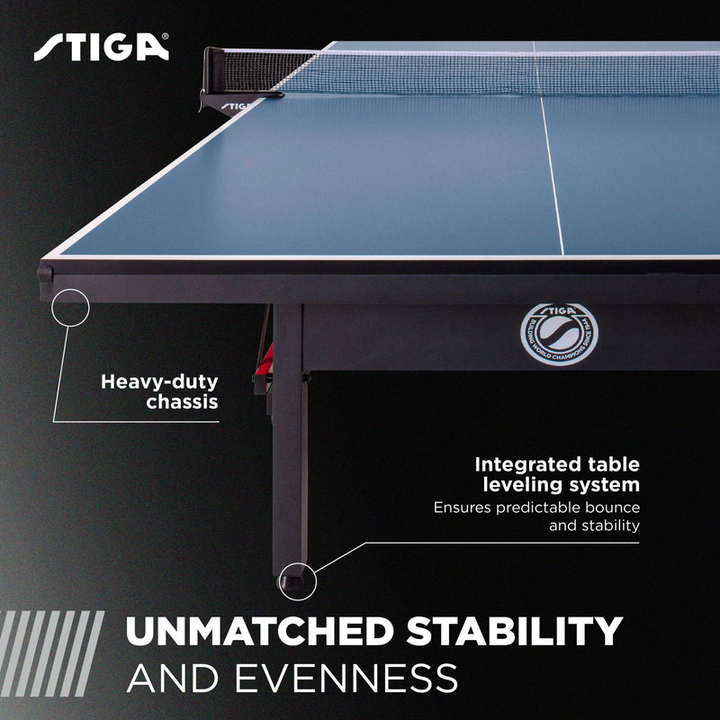 UNMATCHED STABILITY AND EVENNESS: Immerse yourself in the tournament-style atmosphere with a UV repeat roller coat top finish and heavy-duty chassis design featuring an integrated table leveling system. This combination guarantees unparalleled evenness and stability, ensuring the ball bounces predictably, allowing players to anticipate and react accordingly.