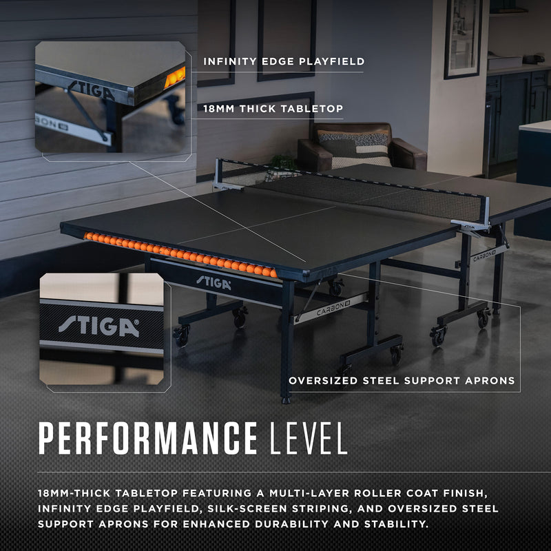 Carbon 18 Table Tennis Table – 18mm Playfield - QuickPlay Assembly - Integrated Ball Storage - Tournament-Grade Net - Playback Mode