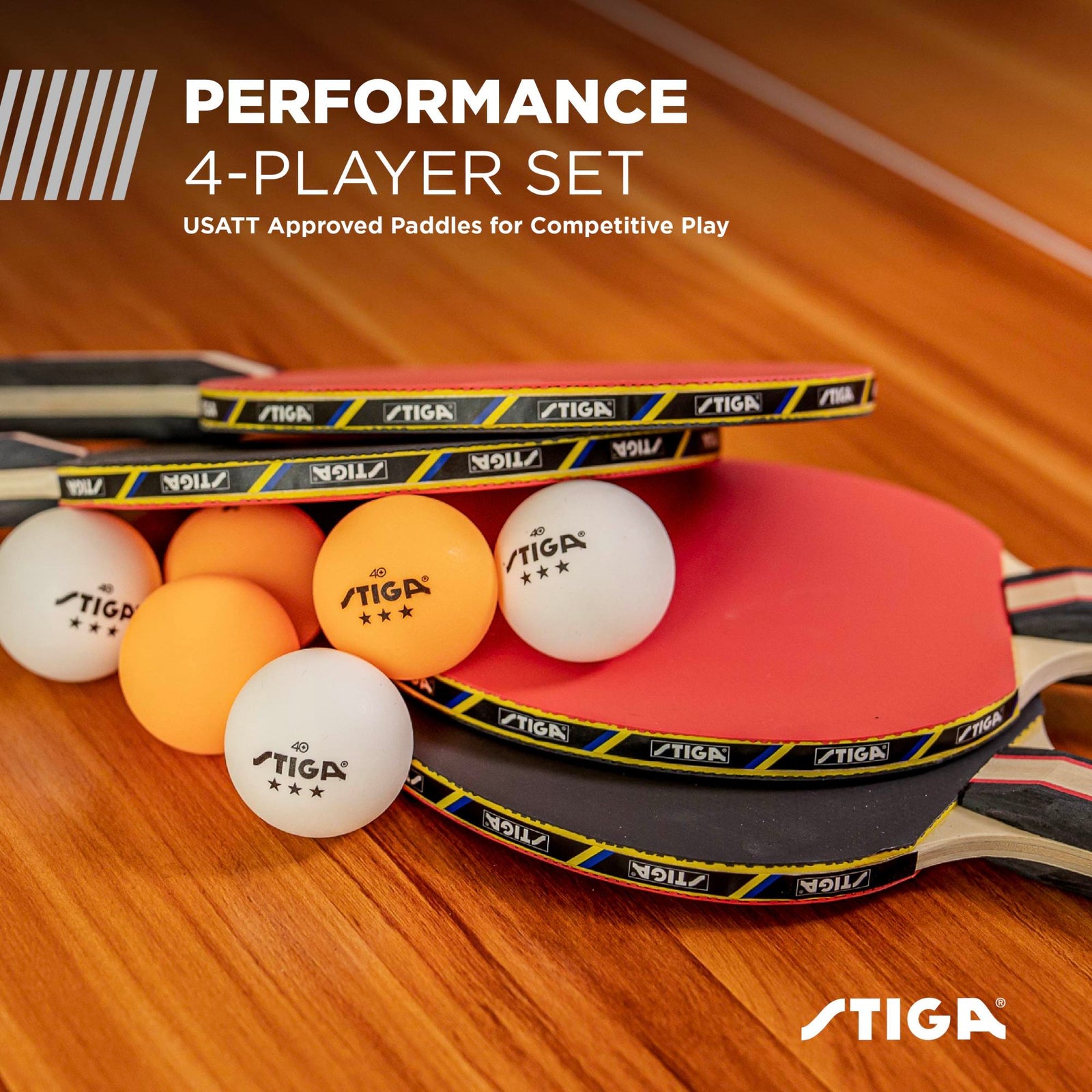 STIGA Performance Lot De 4 Raquettes Ping-Pong + 6 Balles 3 Étoiles - Set Pour 4 Joueurs