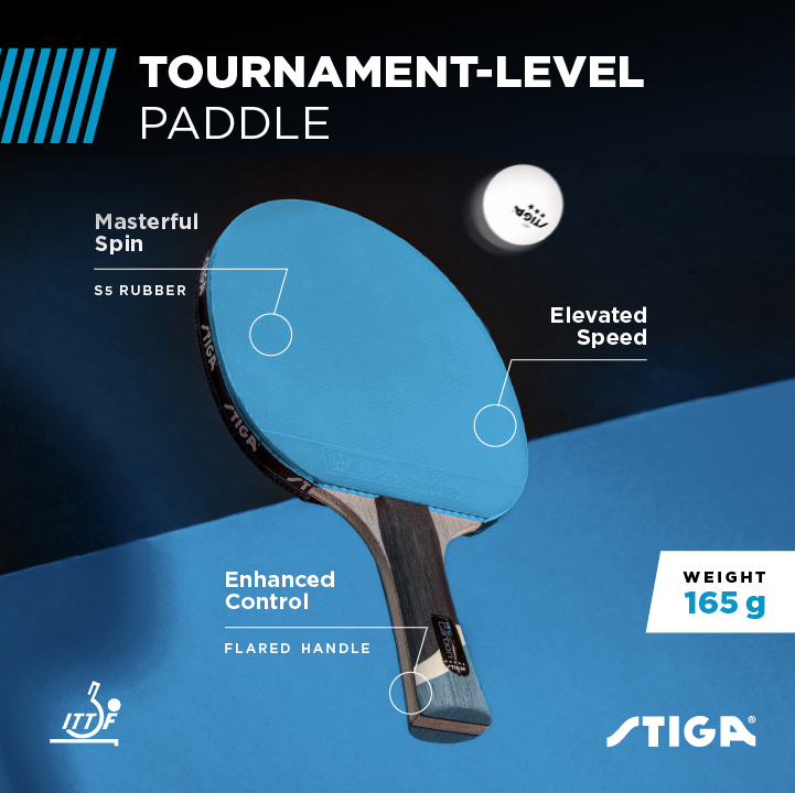 BUILT FOR COMPETITION – STIGA's Nano Composite and ACS Technologies form stronger and tighter bonds in the ITTF approved smooth inverted S5 rubber for high speed and spin with maximum elasticity and outstanding control—the perfect racket for tournament play._2