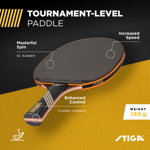 BUILT FOR COMPETITION – STIGA's ACS Technology forms stronger and tighter bonds in the ITTF approved smooth inverted rubber for high speed and spin with maximum elasticity and outstanding control—the perfect racket for tournament play._2