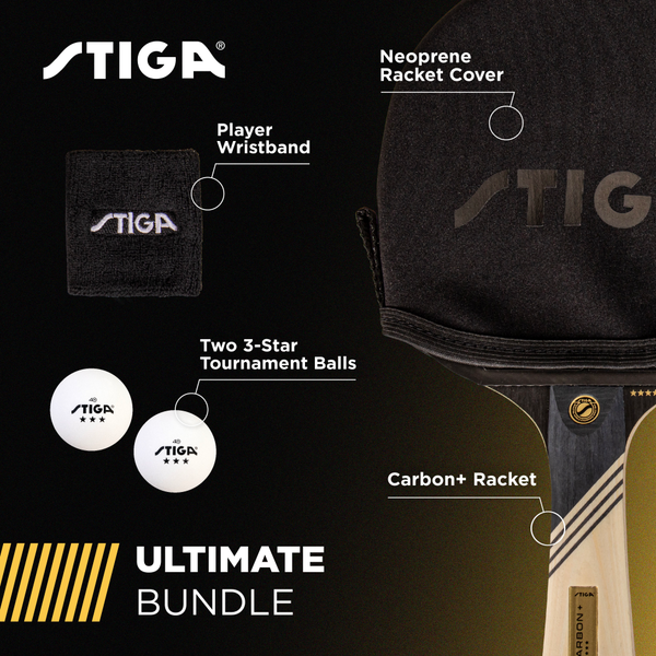 ULTIMATE PACKAGE - This set includes a Carbon+ racket, neoprene racket cover, STIGA player wristband, and two 3-star tournament balls._2