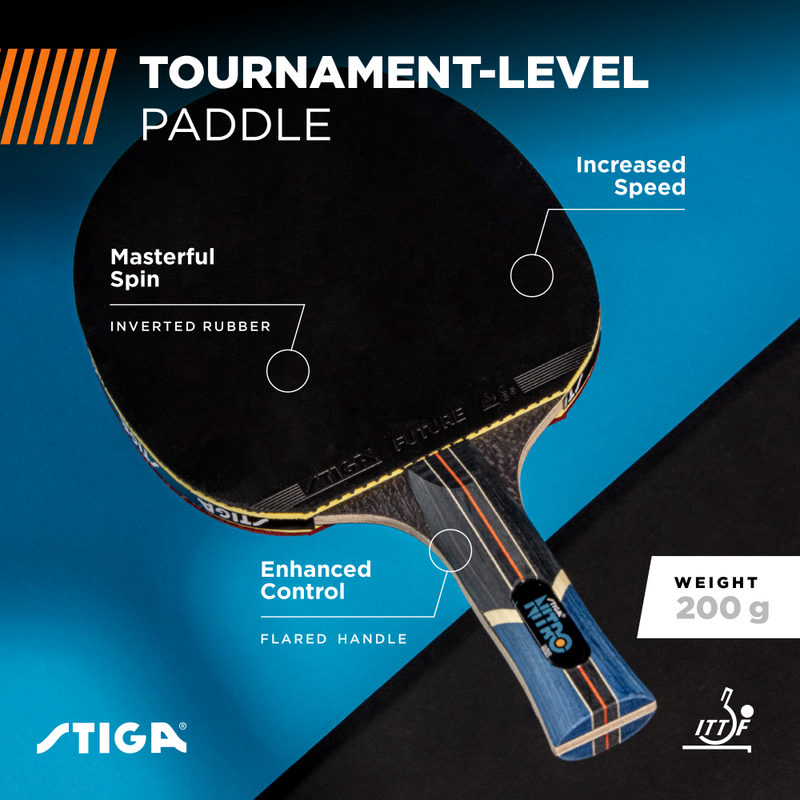 BUILT FOR COMPETITION – STIGA's ACS Technology combines microscopic air capsules in the ITTF approved smooth inverted rubber for high speed and spin with maximum elasticity and outstanding control—the perfect racket for tournament play._2
