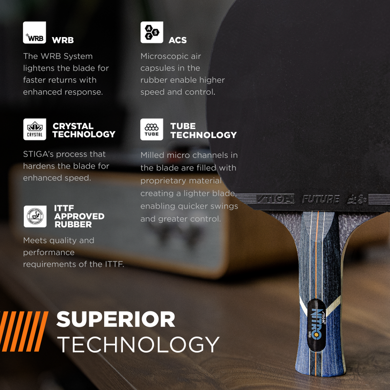 SUPERIOR TECHNOLOGY – This racket unites STIGA's unique Tube Technology with its Crystal and WRB Technologies for a hardened, light blade with faster returns, more power, and extra sensitivity of touch._4